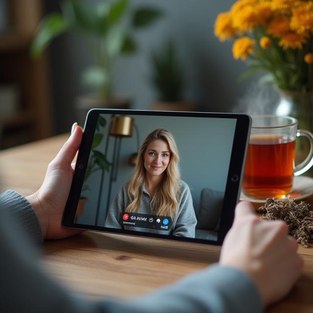 Herbalist on a video call looking at herbal tea