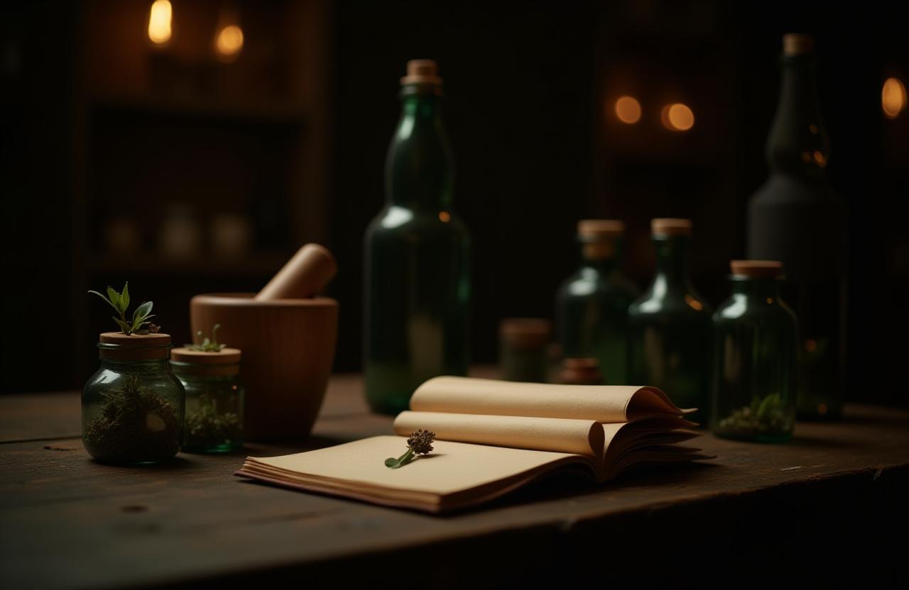 Herbalist table with jars and notebook